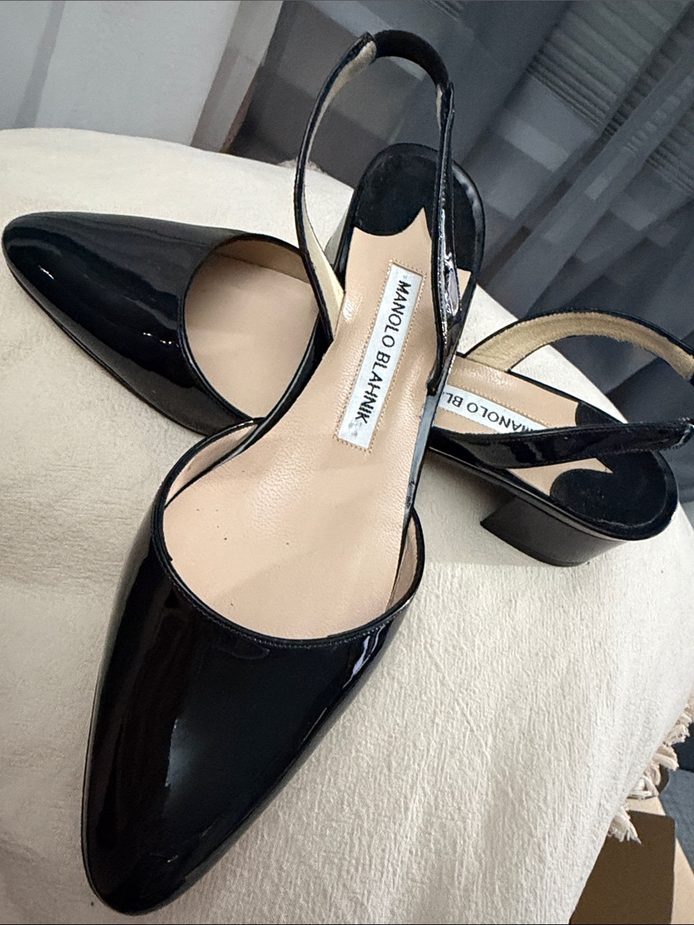 Manolo Blahnik Black Patent Slingback Mules